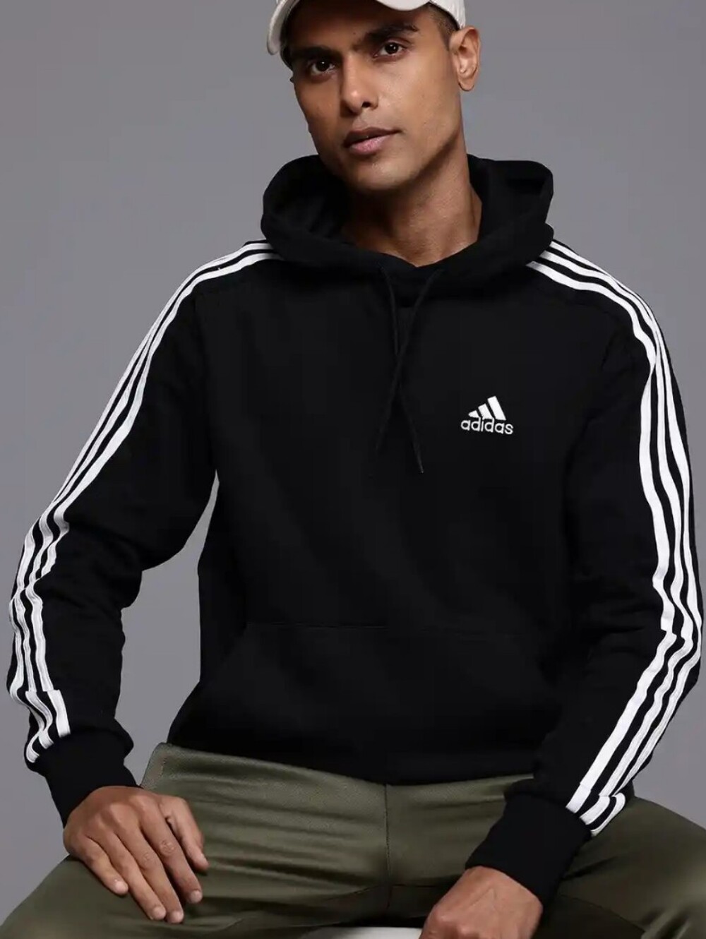 adidas Black Hoodie with White Sleeve Stripes